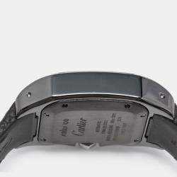Pre Owned Cartier Black Ceramic Santos 100 Calfskin Leather 2878 Men's Wristwatch 33 mm