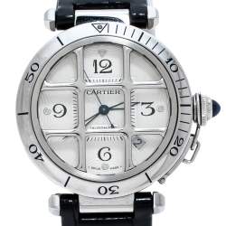 Pre Owned Cartier Silver Stainless Leather Steel Pasha de Cartier 2374 Men's Wristwatch 38 mm