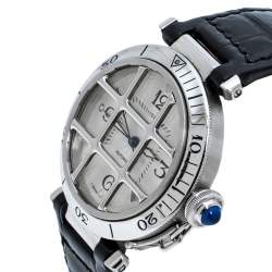Pre Owned Cartier Silver Stainless Leather Steel Pasha de Cartier 2374 Men's Wristwatch 38 mm