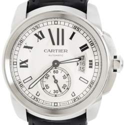 Pre Owned Cartier Silver Stainless Leather Steel Calibre de Cartier 3389 Men's Wristwatch 42 mm