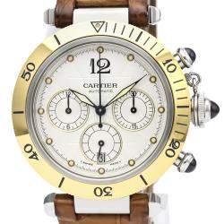 Pre Owned Cartier Silver 18K Yellow Gold And Stainless Steel Pasha Chronograph W3103655 Men's Wristwatch 38 MM