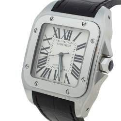 Cartier White Stainless Steel Alligator Leather Santos 100 W20073X8 Men's Wristwatch 38 mm