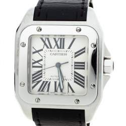 Pre Owned Cartier White Stainless Steel Alligator Leather Santos 100 W20073X8 Men's Wristwatch 38 mm