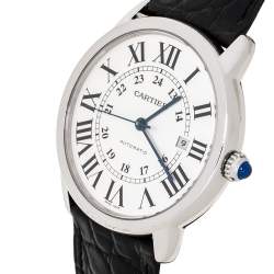 Pre Owned Cartier Silver Stainless Steel Alligator Leather Ronde Solo de Cartier W6701010 Men's Wristwatch 42 mm
