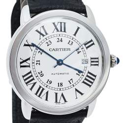 Pre Owned Cartier Silver Stainless Steel Leather Ronde Solo De Cartier 3802 Men's Wristwatch 42 mm