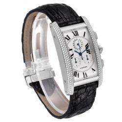 Cartier Silver Diamonds 18k White Gold Tank Americaine Chronograph 2339 Men's Wristwatch 26 x 45 MM