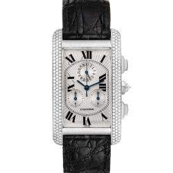 Cartier Silver Diamonds 18k White Gold Tank Americaine Chronograph 2339 Men's Wristwatch 26 x 45 MM