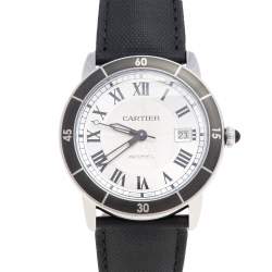 Pre Owned Cartier Silver Stainless Steel Leather Ronde Croisiere WSRN0002 Men's Wristwatch 42 mm