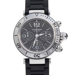 Pre Owned Cartier Black Stainless Steel Rubber Pasha Seatimer 2995 Men's Wristwatch 42 mm