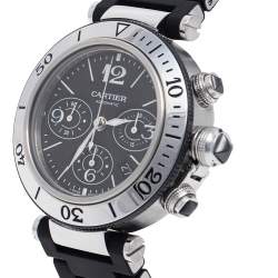 Pre Owned Cartier Black Stainless Steel Rubber Pasha Seatimer 2995 Men's Wristwatch 42 mm