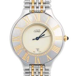 Pre Owned Cartier Cream Two-Tone Stainless Steel Must de Cartier 21 Men's Wristwatch 35 mm 