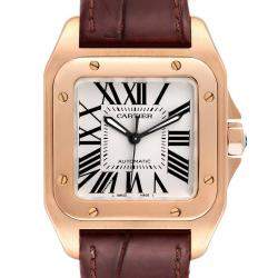 Cartier Silver 18K Rose Gold Santos 100 W20108Y1 Men's Wristwatch 33 mm
