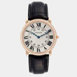 Cartier Silver Diamond 18k Rose Gold Ronde Louis WR000651 Manual Winding Men's Wristwatch 36 mm