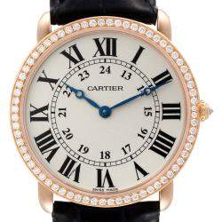 Cartier Silver Diamond 18k Rose Gold Ronde Louis WR000651 Manual Winding Men's Wristwatch 36 mm