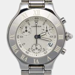 Pre Owned Cartier Silver Stainless Steel Chronoscaph 21 2424 Unisex Wristwatch 38 mm