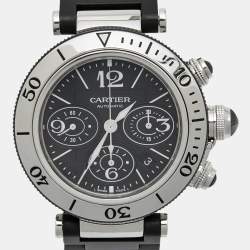 Pre Owned Cartier Black Stainless Steel Rubber Pasha Seatimer W31088U2 Men's Wristwatch 42 mm