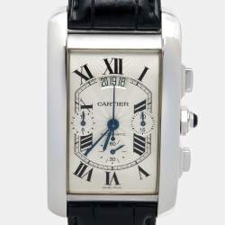 Pre Owned Cartier Silver 18k White Gold Alligator Tank Americaine W2609456 Men's Wristwatch 31.5 mm