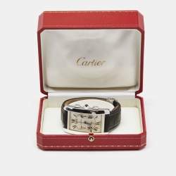 Pre Owned Cartier Silver 18k White Gold Alligator Tank Americaine W2609456 Men's Wristwatch 31.5 mm