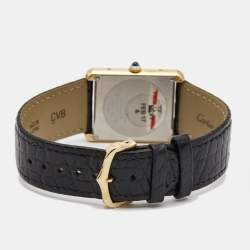 Pre Owned Cartier Silver 18K Yellow Gold Alligator Leather Tank Solo W5200025 Men's Wristwatch 27 mm