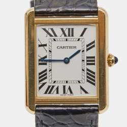 Pre Owned Cartier Silver 18K Yellow Gold Alligator Leather Tank Solo W5200025 Men's Wristwatch 27 mm