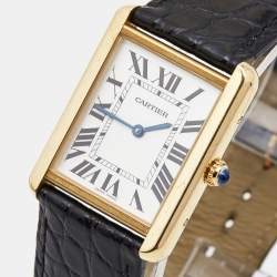 Pre Owned Cartier Silver 18K Yellow Gold Alligator Leather Tank Solo W5200025 Men's Wristwatch 27 mm