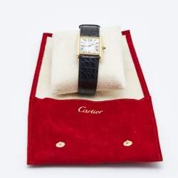Pre Owned Cartier Silver 18K Yellow Gold Alligator Leather Tank Solo W5200025 Men's Wristwatch 27 mm