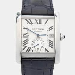 Pre Owned Cartier Silver Stainless Steel Alligator Tank MC W5330003 Men's Wristwatch 35 mm