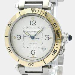 Cartier Silver 18k Yellow Gold Stainless Steel Pasha de Cartier W31035T6 Automatic Men's Wristwatch 38 mm