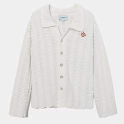 Casablanca White Wavy Open-Knit Cotton Button Front Cardigan S