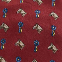 Celine Vintage Burgundy Horse and Badge Print Silk Tie