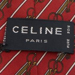 Celine Vintage Red Diagonal Striped Printed Silk Tie 