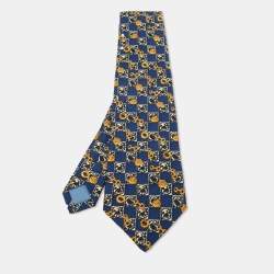 Celine Vintage Navy Blue Print Silk Traditional Tie