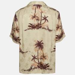 مملوكة مسبقًا Celine Beige Hawaiian Palm Tree Print Silk Bowling Shirt L