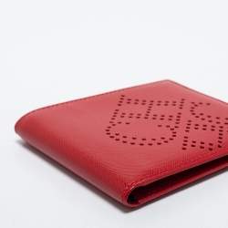 CH Carolina Herrera Red Leather Perforated Logo Bifold Wallet