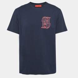 Pre Owned CH Carolina Herrera Navy Blue Logo Applique Jersey T-Shirt L
