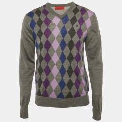 Pre Owned CH Carolina Herrera Grey Argyle Wool V-Neck Sweater M