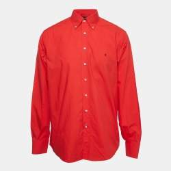 Pre Owned CH Carolina Herrera Red Logo Embroidered Cotton Button Down Full Sleeve Shirt XXL 