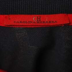Pre Owned CH Carolina Herrera Navy Blue/Red Printed Cotton Pique Polo T-Shirt L