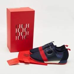 Pre Owned CH Carolina Herrera Navy Blue/Red Canvas Logo Print Low Top Sneakers Size 42