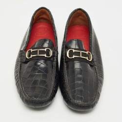 Pre Owned CH Carolina Herrera Black Croc Embossed Leather Slip On Loafers Size 43