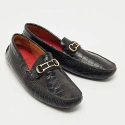 Pre Owned CH Carolina Herrera Black Croc Embossed Leather Slip On Loafers Size 43