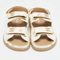 Pre Owned Chanel White Leather Dad Flat Sandals Size 38.5