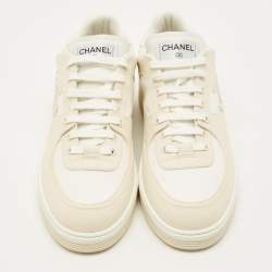 Pre Owned Chanel CC Size 46 White/Cream Leather and Canvas  Low Top Sneakers 