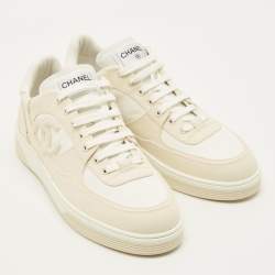 Pre Owned Chanel CC Size 46 White/Cream Leather and Canvas  Low Top Sneakers 
