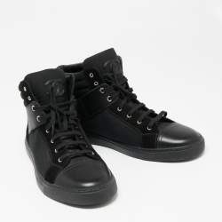Chanel Black  Leather and Canvas  High-Top Sneakers Size 45 
