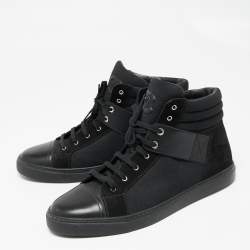 Chanel Black  Leather and Canvas  High-Top Sneakers Size 45 