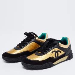 Pre Owned Chanel Black/Gold Leather and Suede CC Low-Top Sneakers Size 41.5
