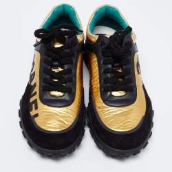 Pre Owned Chanel Black/Gold Leather and Suede CC Low-Top Sneakers Size 41.5
