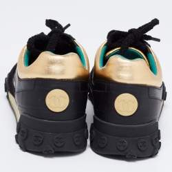 Pre Owned Chanel Black/Gold Leather and Suede CC Low-Top Sneakers Size 41.5