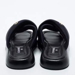 Chanel Black Fabric CC Slide Sandals Size 42